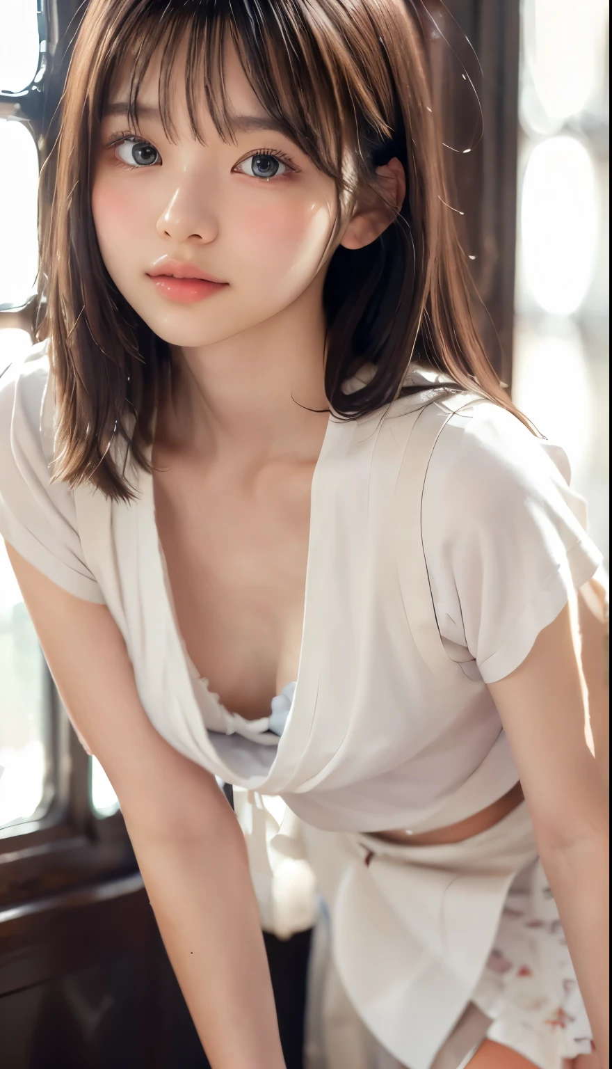 (8k、RAW Photography、best qualtiy、​masterpiece、:1.2)、yjnn、1girl in、3 d、asian human、bangss、bare_shoulders、School Uniforms、brown_eyes、brown_hair、grey_background、red-lips、long_hair、long_sleeves、looking_at_viewer、medium_breasts、belly button piercing、nose piercing、off_shoulder、realisitic、The shirt、独奏、Not worn、 upper_body,white_shirt, shinny skin、Beautiful delicate face、Beautiful delicate eyes、(realisitic、Photo Real:1)、