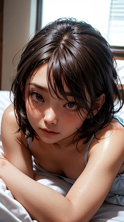 8k uhd, high quality, concept art, Expressive, ultra detailed, beautiful face, bright sunlight, 1 girl,(on bed), whole body wet, mucus, flushed expression, Transparent liquid, high viscosity, stuck everywhere, short hair, ((There is liquid all over the body)), big bus,naked,bending down,butt,behind,asshole