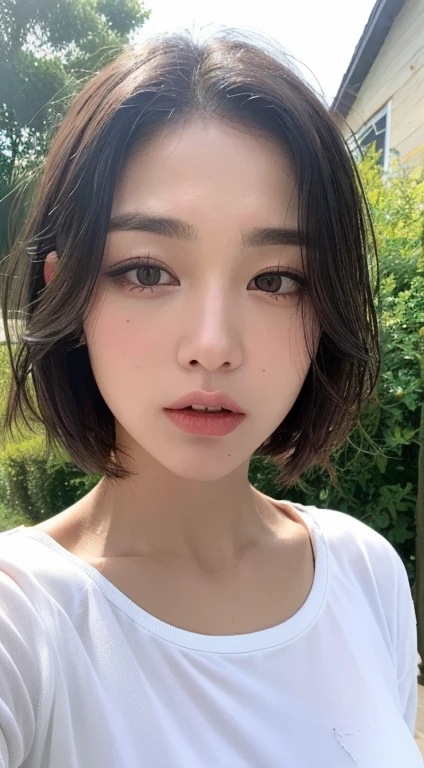 ((Best quality, 8k, Masterpiece: 1.3)), Sharp focus: 1.2, A beautiful woman with perfect body: 1.4, Slim abdomen: 1.2, ((Layered haircut, Large breasts: 1.2)), (no bra) (Small and beautiful hard nipple) (Thin and damp button up to shirt length: 1.1), (White shirt wet by rain), (Rain, Street: 1.2), Wet body: 1.1, Highly detailed face and skin texture,  Detailed eyes, Double eyelid, tanned skin, sexy, tan