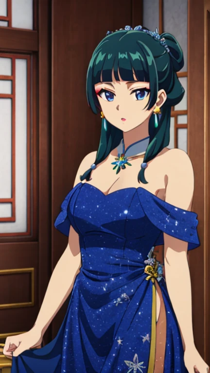 Anime girl with long dark blue hair and turquoise eyes, slender and athletic body type,Her physique is lean and toned,wearing an elegant dress