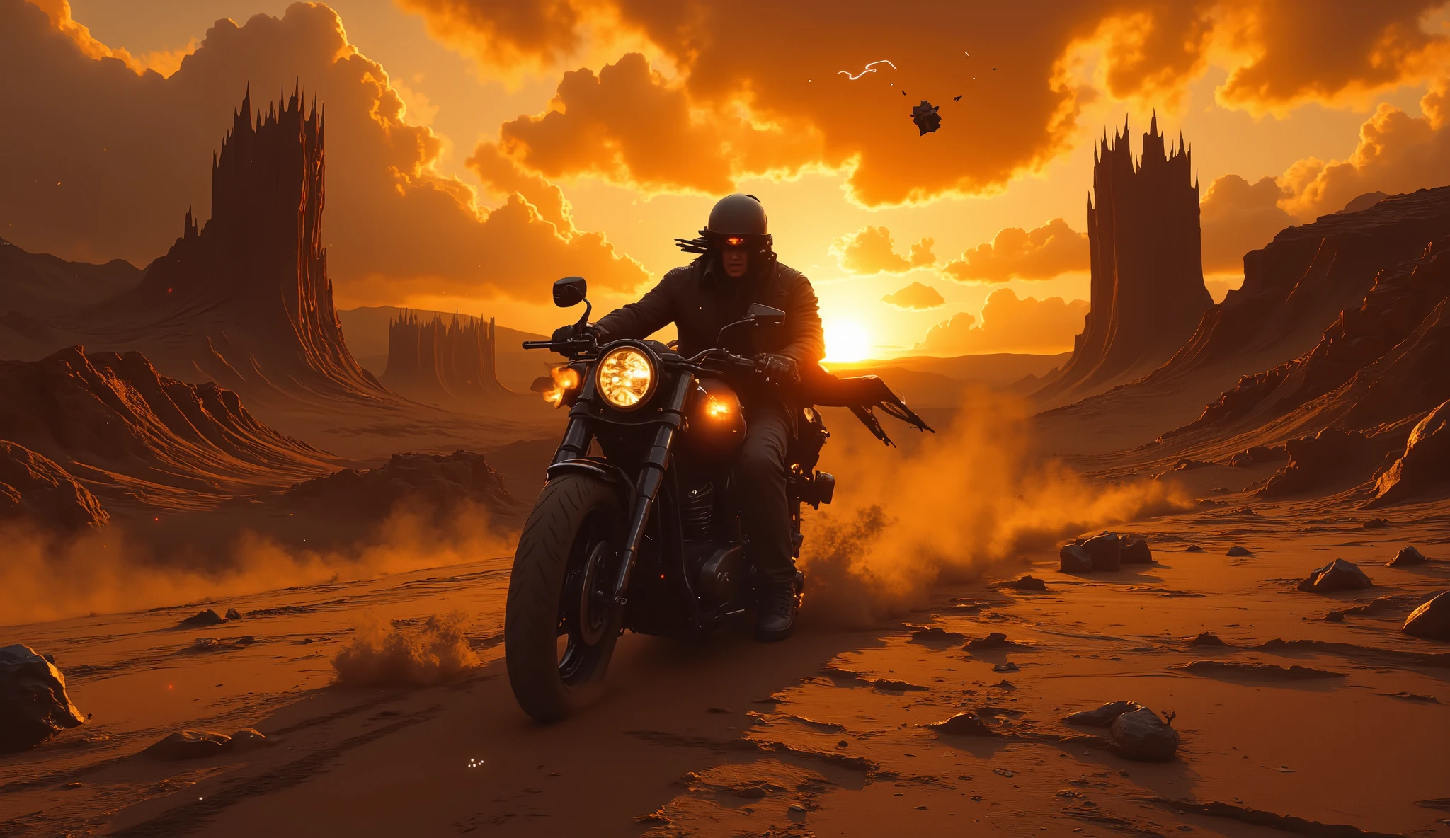 A fearless outlaw rides a motorcycle through a harsh desert wasteland with no road in sight — just cracked earth, burning sun, and scattered wreckage of a forgotten world. The rider leans forward aggressively, coat flapping in the wind, gripping the throttle. A torn map flutters behind them in the dust, half-buried in the ground. In the distance, lightning cracks through a dusty orange sky filled with thick clouds. Massive rock formations and alien ruins tower like bones of a dead civilization. The tone is rebellious, cinematic, and raw — a visual anthem for a rider with no direction and no mercy.