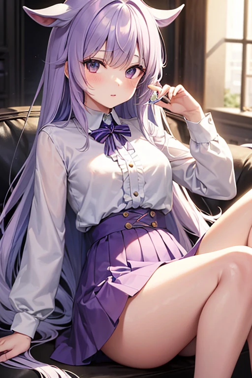 A long pale white-purple hair,The girl with white and purple eyes walked over,She wore a slender braid,Wearing a white gown,What makes people care is the black belt around her waist,A white towel hangs around his neck, She sat down on the ground,A leg was stretched out,Start using your hands and feet,Then press down,Medium build,Sell cute and cute,The eyes are bright,Campus Department Room