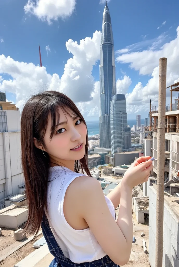 Girl taking a selfie at the observation deck on top of the mountain、You can see the sea and town in the distance、big smile
