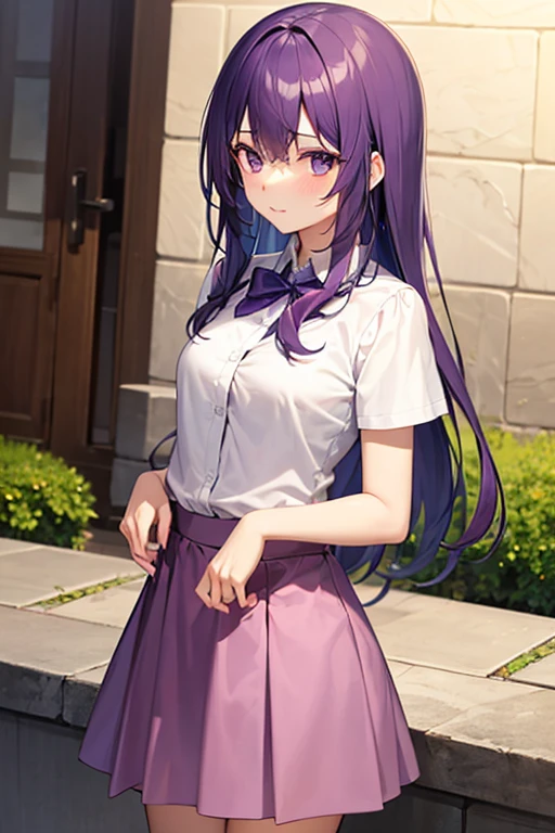 nsfw , Koubuin Yuuhi, , (((highres official art))) , (((1girl))) , (((solo))) , (((school uniform))) , (((mini skirt))) , blue hair , purple hair , high ponytail , standing ,outdoor , (((cowboy shot)))
