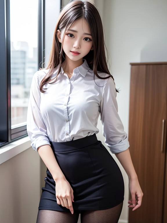 (masterpiece:1.3), (best quality:1.3), realistic, 8k, highres, intricate detailed, highly detailed, detailed background, depth of field, film grain, 1girl, solo, beautiful korean woman, office lady, hair bun, black hair, brown eyes, (long eyelashes:1.3), (eyeshadow:1.3), blush, gloss lips, (smirk:1.2), large breasts, sexy body, business outfit, white collared shirt, short sleeves, black side slit pencil skirt, black tight skirt, thighhighs, looking at viewer, tempting pose, indoors, office, rim light, ray tracing