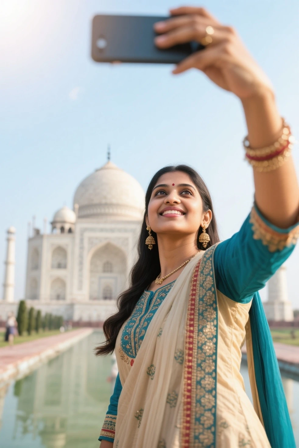 ((best quality)), ((masterpiece)), ((inked)),Award-winning photography: Portrait of a beautiful woman standing against the backdrop of the majestic Taj Mahal in Agra, India. (Photorealistic, cinematic composition: 1.3) <lora:Elixir:1>