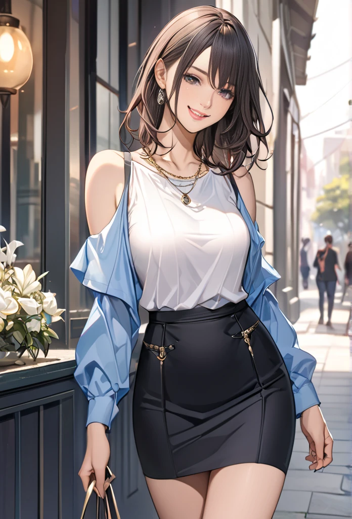 (masterpiece:1.2, top-quality), (realistic, photorealistic:1.4), beautiful illustration, (natural side lighting, movie lighting), ,
(looking at viewer), 1 girl, japanese, high school girl, perfect face, cute and symmetrical face, shiny skin,
(long hair:1.5, straight hair:1.7, light brown hair), hair between eyes, datk purple eyes, long eye lasher, (large breasts:0.6), five fingers,
beautiful hair, beautiful face, beautiful detailed eyes, beautiful clavicle, beautiful body, beautiful chest, beautiful thighs, beautiful legs,
((cold shoulder shirt, brown pencil mini skirt)),,
(beautiful scenery), day time, shopping mall, (lovely smile, upper eyes, open mouth),