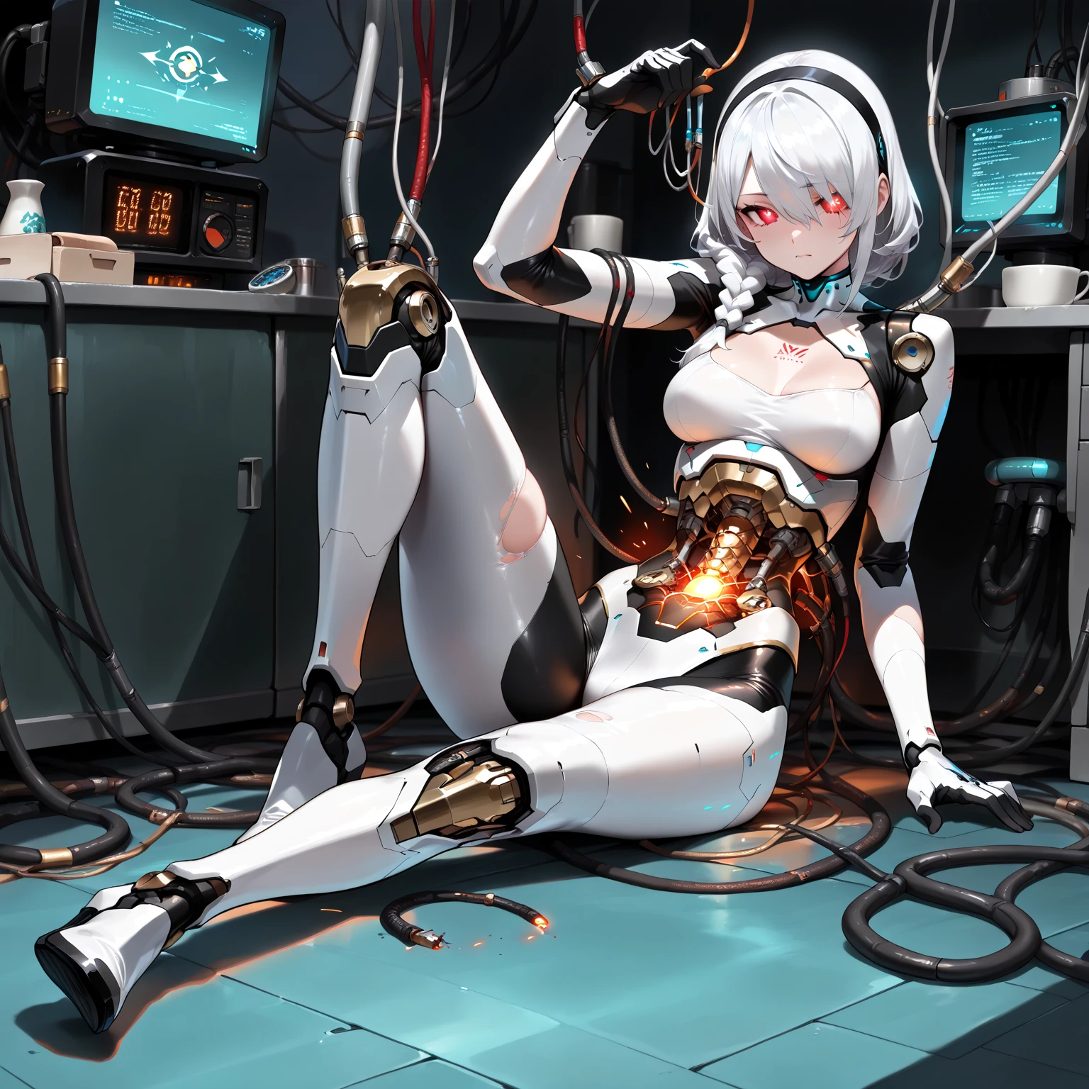 (((Masterpiece)))), (((highest quality)))), ((Ultra Definition)), (Very Fine Photoreality), ((Very Delicate and Beautiful)), (Delicate and Pretty Face), Cinematic Light, (((Machine Girl 1)), Solo, Full Body, Big, Cleavage Is Visible Skin, (Mechanical Joints: 1.4), (Mechanical Limbs)), (Blood vessels connected to tubes), (( Mechanical vertebrae attached to the back)), ((Mechanical cervical vertebrae) attached to the neck)), (((sitting)), Expressionless, (wires and cables attached to the head and body: 1.5), (Character Focus), Small LED lamp SF, detailed neon --auto