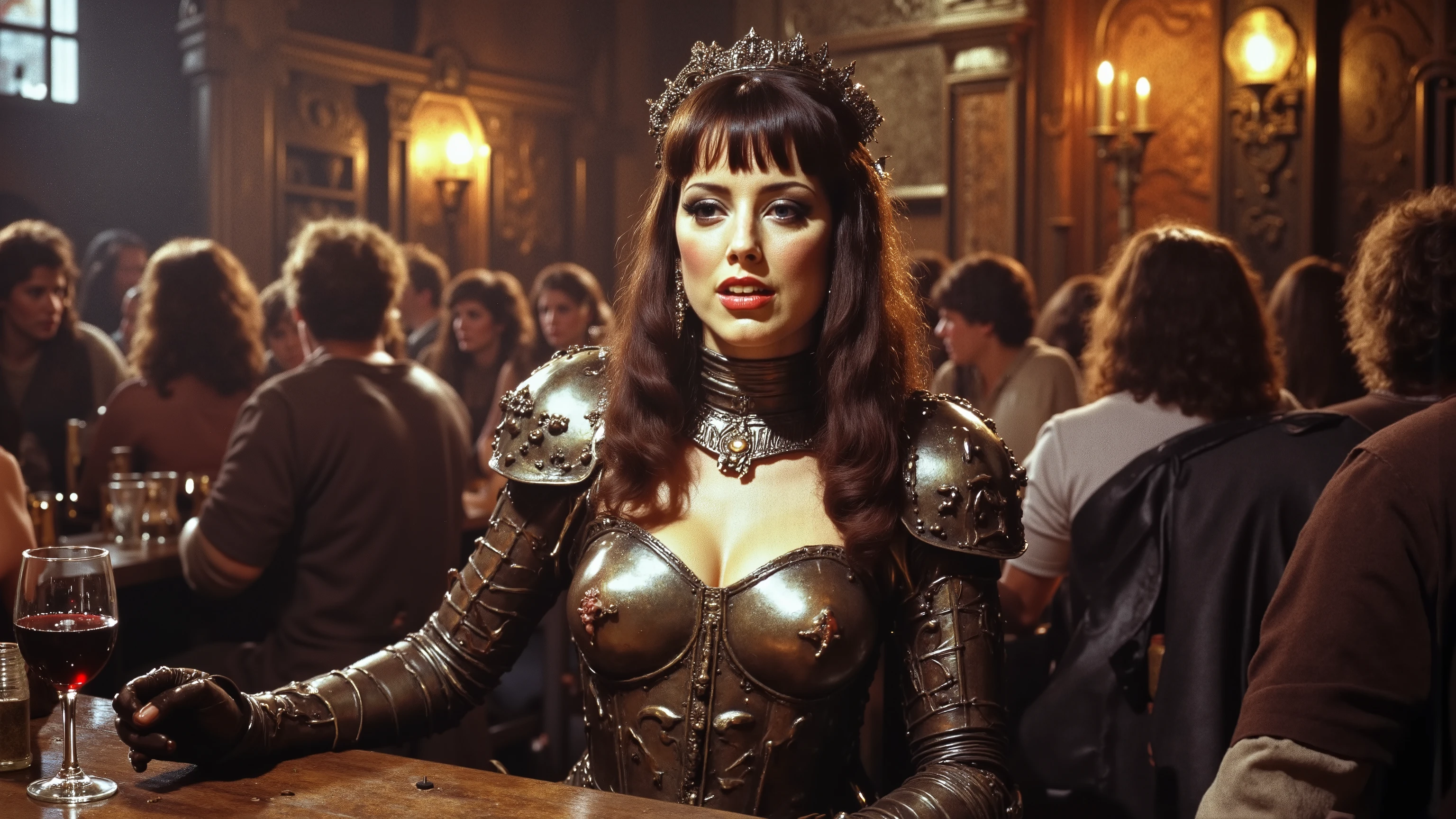 A creepy lean, slutty woman with laughing, lying dead eyes and a half-smirk permanently stitched across her face. Her hard leather armor is slutty flashy and impractical, painted with creepy faces and sluttishly decorated. Beneath her surface charm and sharp tongue flickers the rot of someone who knows they are already lost, but keeps dancing anyway desperate for attention. She holds a glass of wine. She is standing in a dirty medieval pub surrounded by suitors.