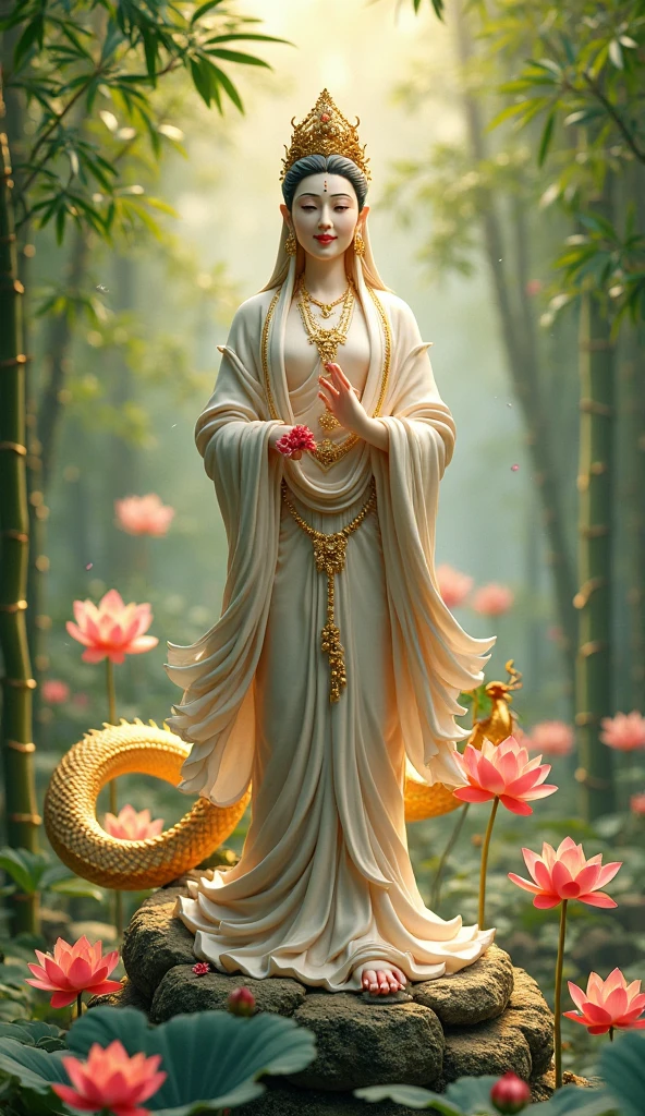 lute、smile、waterfall、lake、Beauty、The body is facing forward、looking at the camera、Hands folded in front of you、God with a golden background々It emits a bright light、(Large Breasts:1.3)、vivid、kimono、Decorations、Long Hair、Wind、Lotus flower、White Snake:1.2、Halo、Digital Art、The light is also on the person:1.2
mysterious、beautiful、Realistic、vivid、Lotus flower、Wind、beautiful、mysterious、