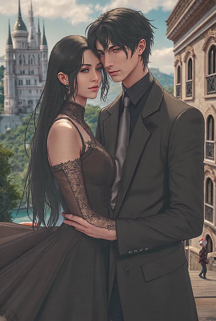 (((a man and woman couple posing dynamically, each one with their respective Lora)))At the heart of an incredibly realistic work of art., The neocruz man, or man , Midway transitions under the cover of night.. His muscles ripple and long black hair with a Count Dracula-style beard. , beautiful hugging woman.. He finds himself before an adult vampire junkotvv woman with (cat ears)., Her sleek leather outfit hugs her curves in a seductive way. its length, cabello negro con cat ears cae en cascada por su espalda, covering his face while putting up fierce resistance.. The captivating scene comes to life through fantastic realism., with every detail meticulously represented for the best sensory experience at night and under a full moon, on the outskirts of a gothic style castle.

