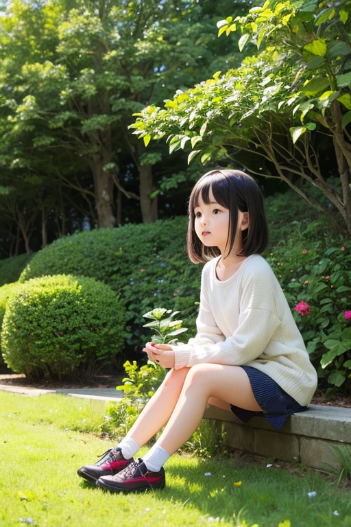 girl by the lake, Squirrels playing under the tree, wildflowers, Toyama, Blue sky.