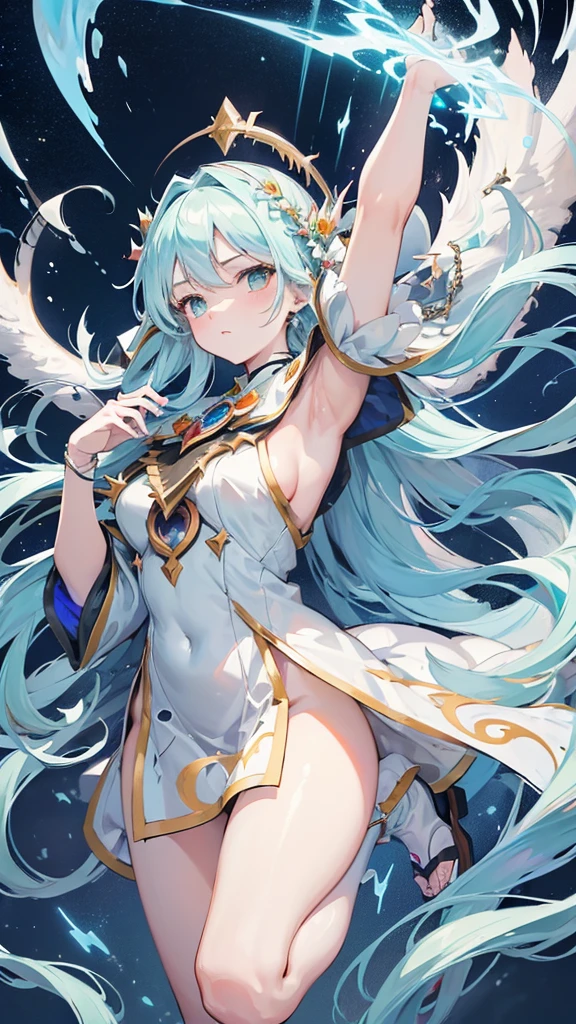 ((4K,masutepiece,Best Quality)), maxiskit, Little girl in a sparkly silver leotard, Solo, wide shoot,(((Cute angel flying in the blue sky))), Fantasy, Big Angel Wings, Big smile, Long blue hair、Twin-tailed、Delicate eyes, beautifullydetailedbackground, (on clouds), (Full speed、Full flight towards the lens)、 (2 large feathers:1.3), Lens Flare,Large in the center