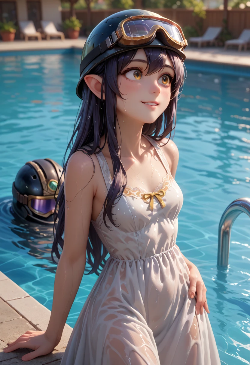 AvTsireya, blue skin, blue eyes, long black hair, braided hair, wearing white hydra swimsuit, looking at viewer, smiling, embarrassed, blush, standing, hands behind back, outside, backyard, poolside, fence, blue sky, high quality, masterpiece, <lora:AvTsireya:.8> <lora:Hydrasuit_project_v24:.6>