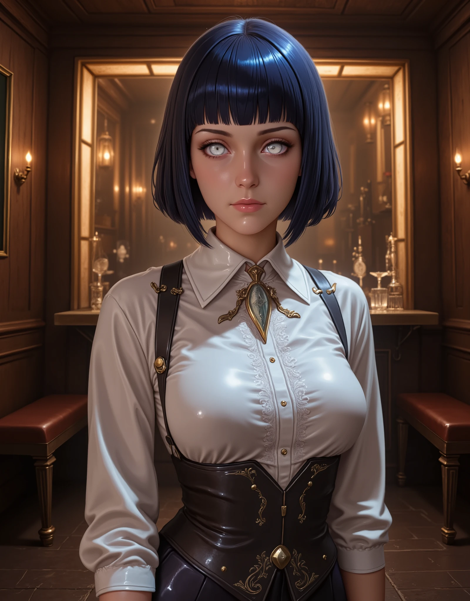 score_9,score_8_up,score_7_up,solo,looking at viewer, Hyūga_Hinata's/Boruto, White Eyes, short hair,bangs,shirt,Dark Blue hair,(Old West), a Nun in black (the secret underground bar，What are the stories of debauchery and extravagance Passionate lustfull.