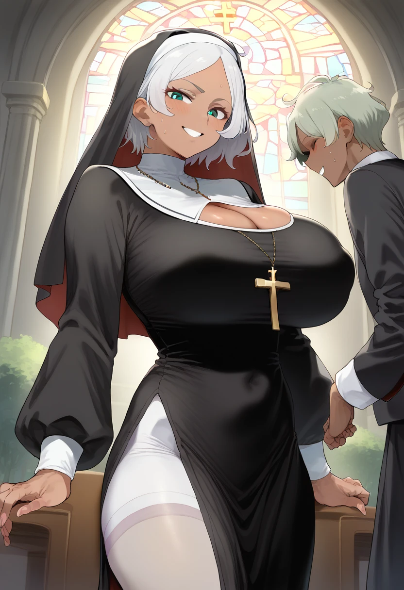 ariana grande in closet, pews in background, sexy nun outfit, big breasts, (big breasts:1.2), cleavage, holding prayer beads, and demon ,raping nun