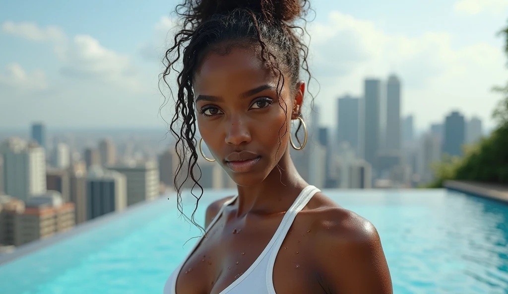 mid-shot photo of a cute 22 y.o black sexy woman, brazilian, afro hair bun, looking away, thick lips, closed mouth, natural detailed skin (skin pores:1.0), natural detailed hair, (skin moles:0.3), standing at pool area, cloudy weather, soft light, cold colors, (film grain:1.0), wearing pinky bikini, posing with hands up head.