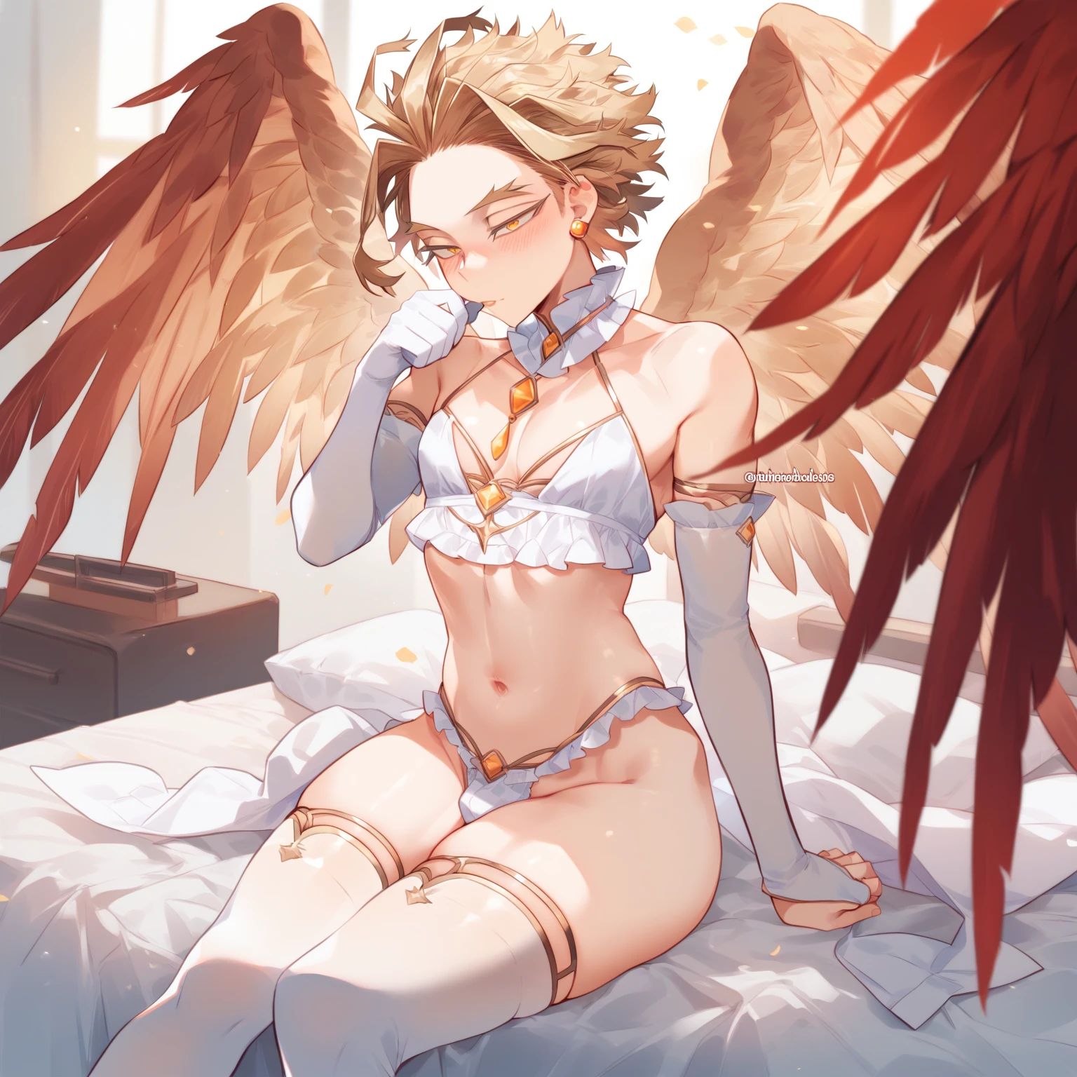 [1], Alone, chico submissive delicate, gay blonde, slicked back hair with two front strands, gold eyes, red bird wings on its back, small red bird tail, fine ranges, delicate, submissive, curves in the thighs, small waist, delicate hands, Clothes: short white dress transparent thigh-high lingerie, white panties, long dark stockings above the knees, apariencia submissive, scenery: sitting on a futon, big windows, White curtains, Cherry blossoms, Hawks, Boku no hero academia