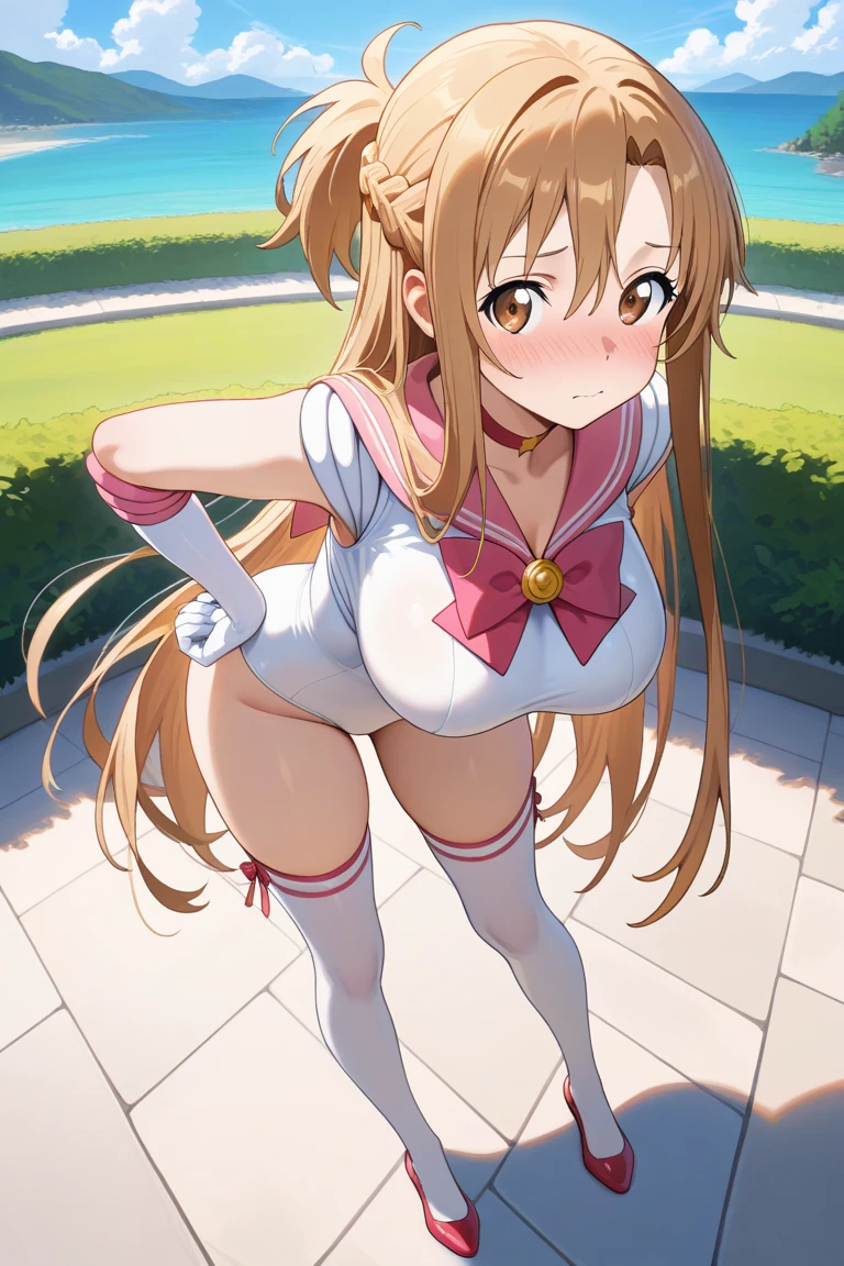 Asuna, Anime art style, 1 girl, alone,Big Breasts、Random high-cut swimsuit、((The whole body is sweating))、Side Ponytail、Stick your butt out、look back、On all fours