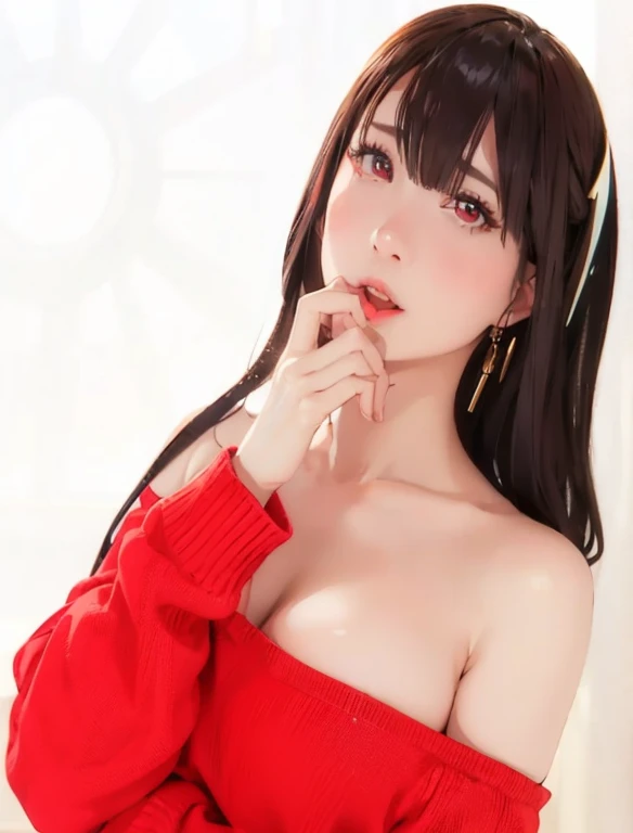 realisticlying、 Looking Up、I get excited and turn red and laugh.、a 18 year old girl((Grasp your breasts with both hands))、wearing a red turtleneck sweater、Breasts enlarged、Laugh、Sexy Posing、I'm sweating、Redness of cheeks、