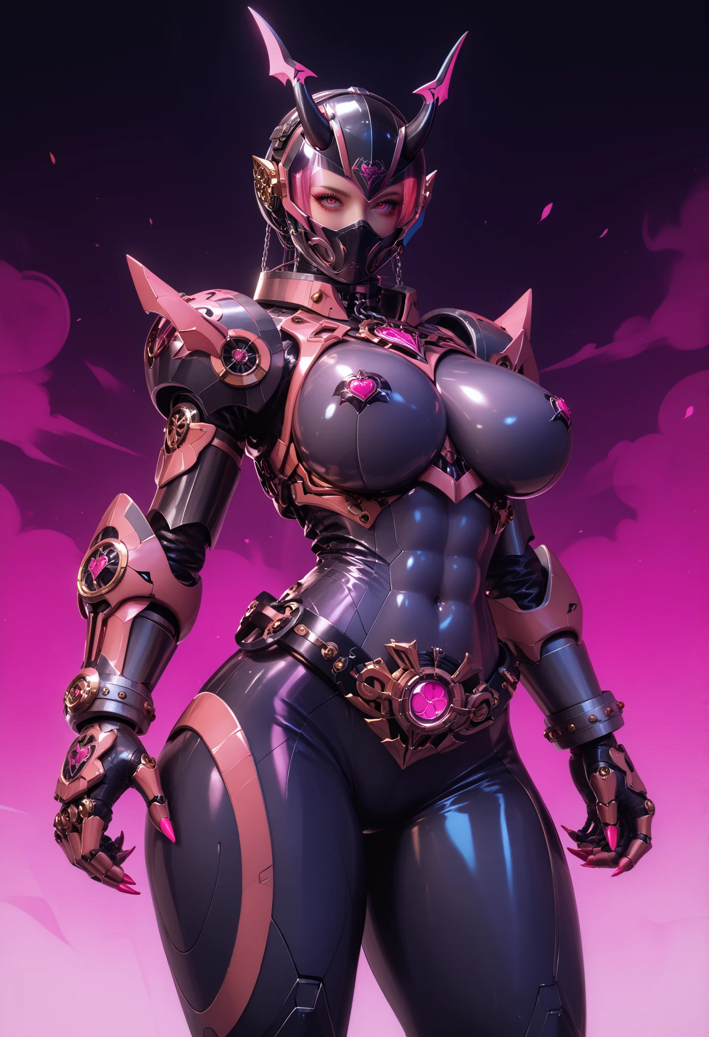 Mechanical girl. Kamen Rider elements. Succubus motif. Biological machine. Black and purple image colors. Latex and metallic. Sci-fi helmet. Glowing visor helmet. Devil horns. Pert breasts. Abs. Curvy waist. Thighs. Sharp pink claws. Bladed gauntlet. Chains.