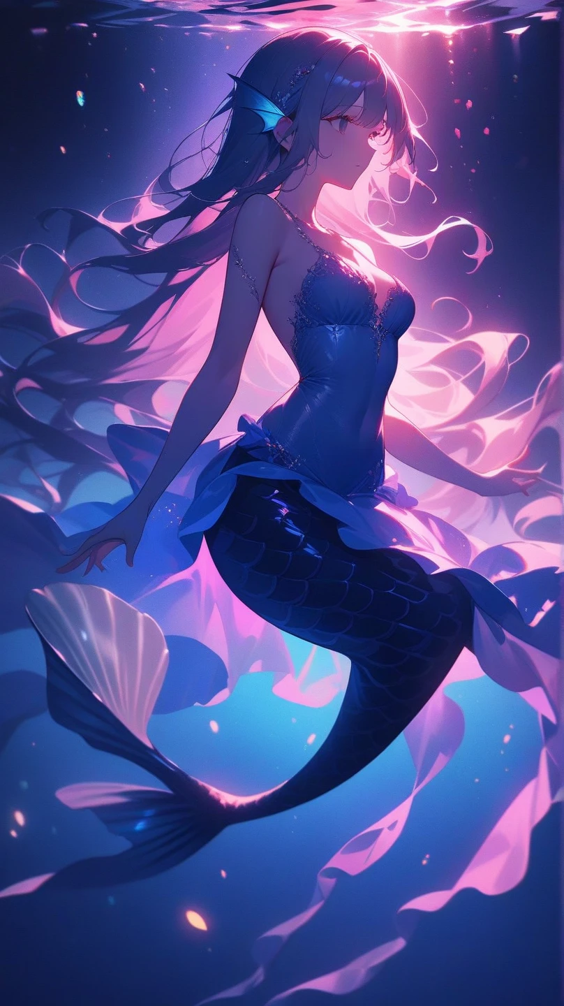 (Beautiful mermaid, long flowing hair, enchanting eyes and scales glistening under the water, poised to strike with her sharp claws, emitting a mysterious glowing aura. But beware, for the mermaid looks deeply afraid of something lurking in the depths.)