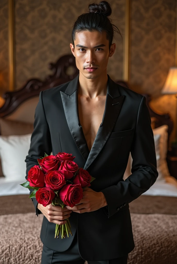 ((realistic photo)), handsome guy, 20 years old, wearing nothing completely naked,correct looking penis, well-shaped penis, smooth penis and balls , revealing his huge muscular thighs, carrying a red rose ((raised in front of his chest), sculpted body, Korean hair, sharp eyes, perfect face, perfect body curves, sculpted muscles , facing forward. Roses in background, Location of the Greek kingdom.
