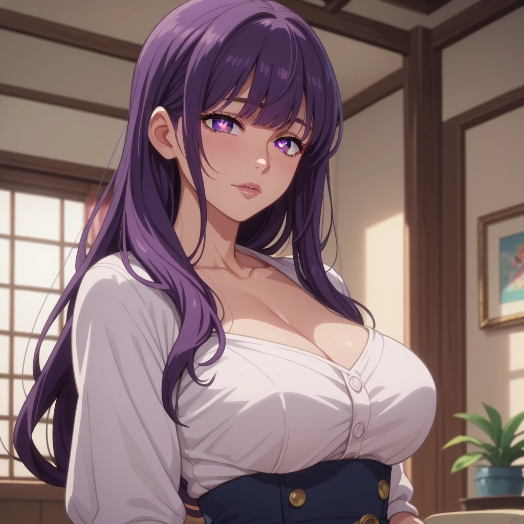 Medusa Fate , Medusa FGO , Ufotable original character, long Purple hair with open forehead, anime girl , solo , detailed purple eyes, Beautiful caucasian mature woman with pale white skin , extremely delicate and beautiful woman, Tall goddess, 185cm+ height ,1:8 head to body proportions, 30+years woman , bbw girl , huge ass , wide hips, curvy, soft belly , giant tits , H-cup breasts ,sexually aroused,excited and blushing , Submissive girl, Mature milf queen, royalty, lustful expression , expressive face , half body, white-blue color outfit, fully clothed, open cleavage,royalty, milf, queen