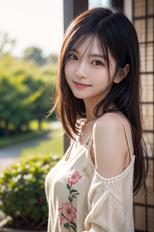 (one girl、she has her hand on her arm、she has a shy smile、hair is blowing in the wind.。 :1.3)、(outdoor garden:1.5)、(perfect ???????:1.3)、(no mask:1.3)、(full finger:1.photorealistic、photograph、8K、highest quality、High resolution, delicate and beautiful、perfect face、目もとのdelicate and beautiful空気肌、real human skin、pores、natural color lip、(blonde),((No makeup))、(realistic、Photoreal、super detailed、best detailed skin、highest quality、masterpiece、超A high resolution)、cute japanese woman、20-year-old、College Girls、young girl、1 girl、have bangs、double eyelid、drooling eyes、big black eyes、attractive、purity、cute smile、natural smile、watch here、realistic肌タイプ、black knit sweater、The wind is blowing、evening、sunset from behind、medium long hair、don&#39;t show your ears，eyes are big，slightly sagging eyes，No makeup，((beautiful breasts))，((voluminous bust))