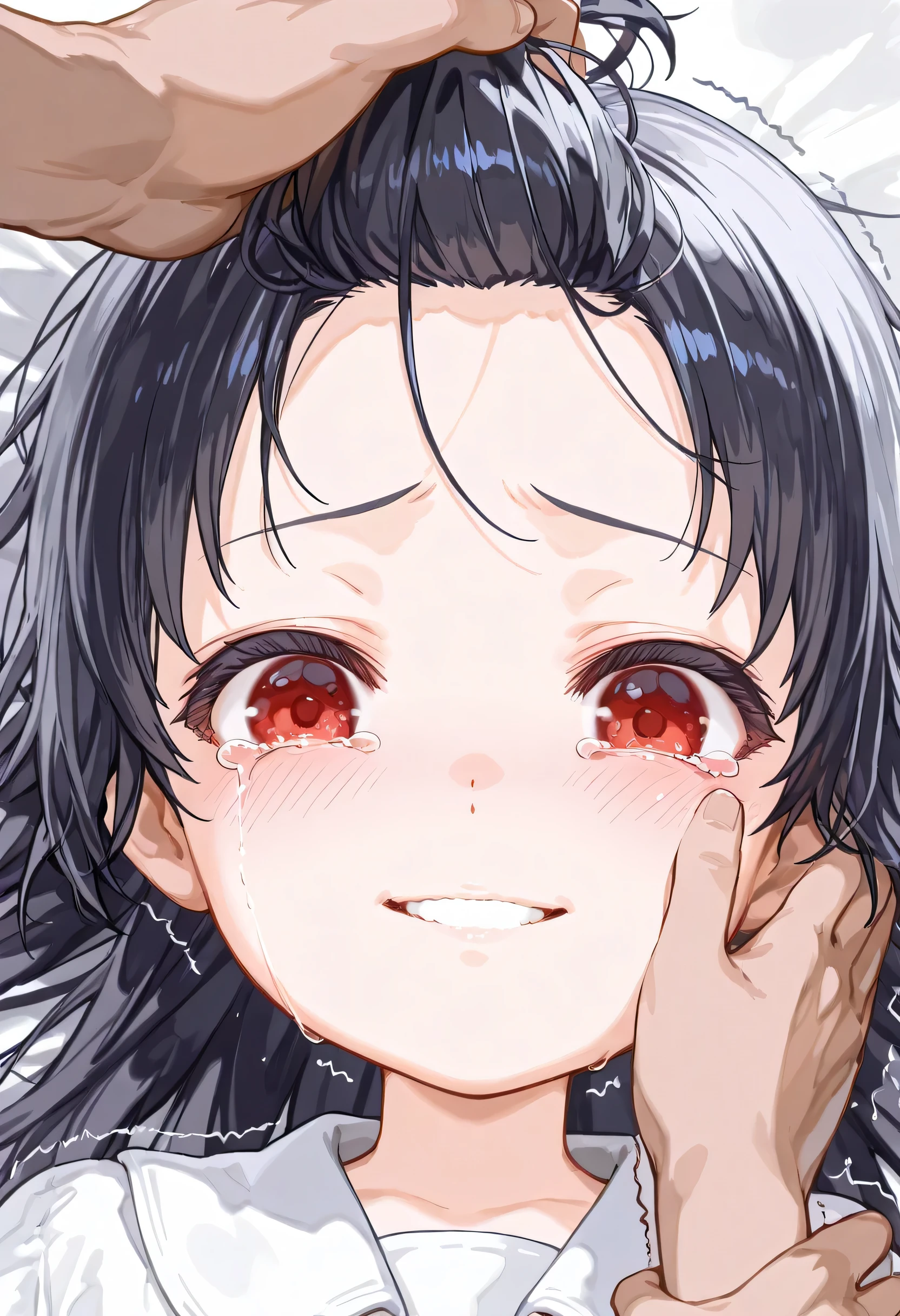 1 extremely cute elementary school girl, (aged down:1.6), long hair, (close-up portrait, verge of breaking down, looking down slightly, tears welling up in her eyes, trembling, despair, frustration, emotional pain, holding back tears, about to cry, heartbroken, emotional:1.2), (sexual aroused face:1.4), (shaking:1.4), lying on bed, 3 men, (sex:1.2), (gangbang:1.2), (multiple hands, grabbing girl's arm, grabbing girl's legs, grabbing girl's hair, grabbing girl's clothes:1.1)