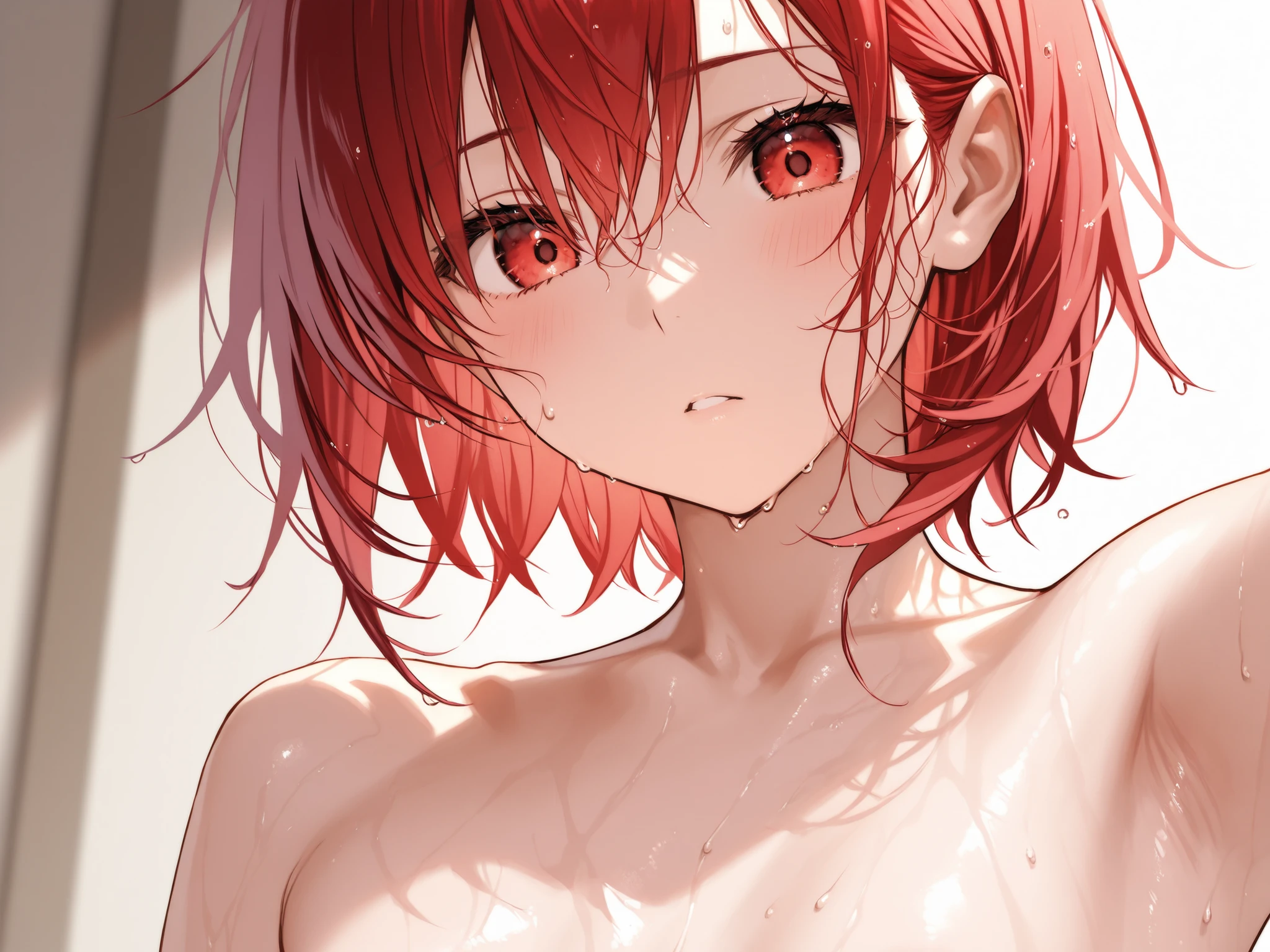 ((best quality)), ((masterpiece)), (detailed), NSFW, small breasts, prominent collarbones, skinny arms, flat stomach, visible hip bones, long hair, red hair, white hair, blonde hair, dark hair, ponytail, thick ponytail, blush、((from adove))