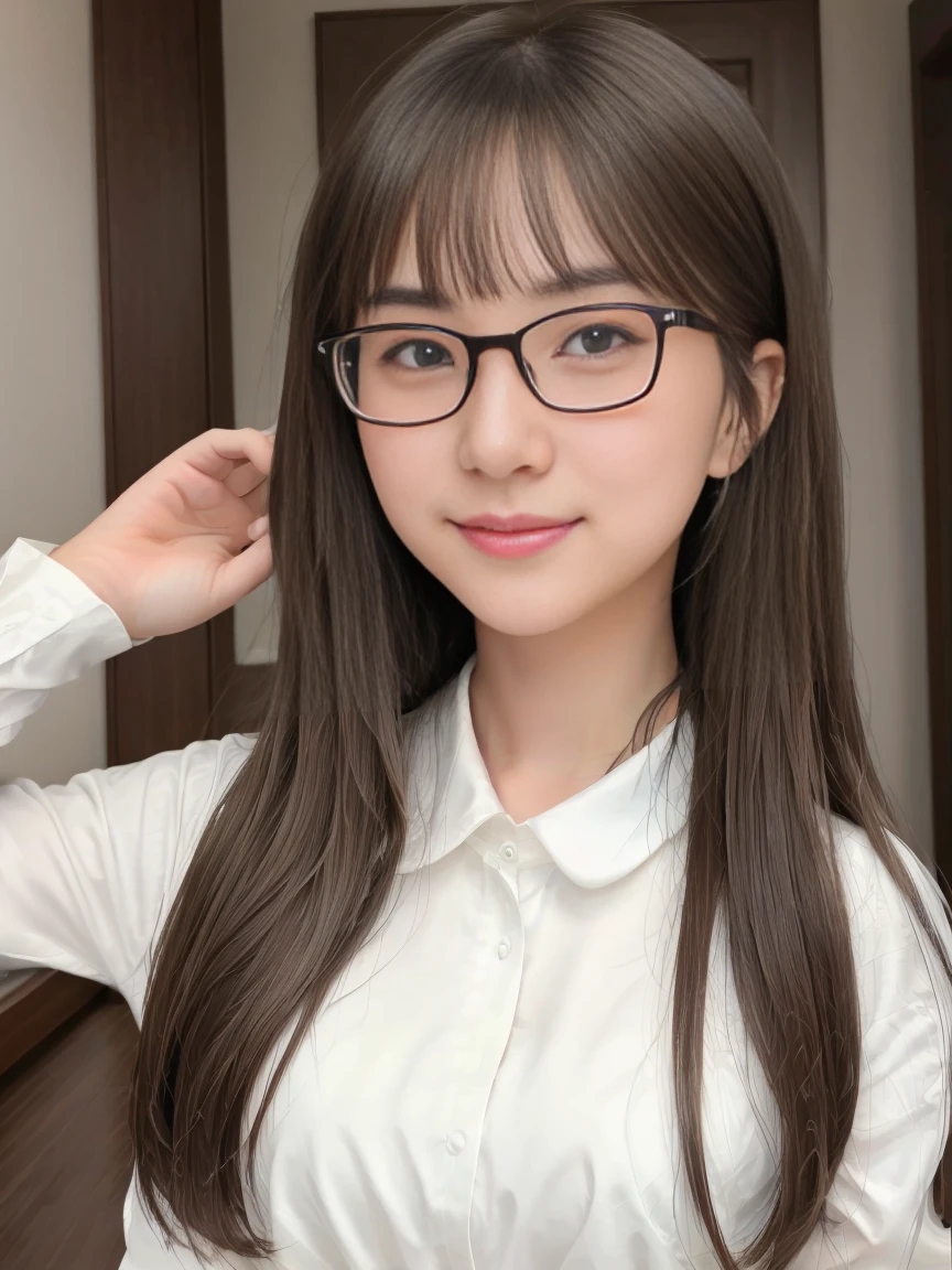 1 girl, beautiful, cute, professional lighting, highest quality,well-groomed face,(dress shirt:1.5),long hair, clear, beautiful,glasses