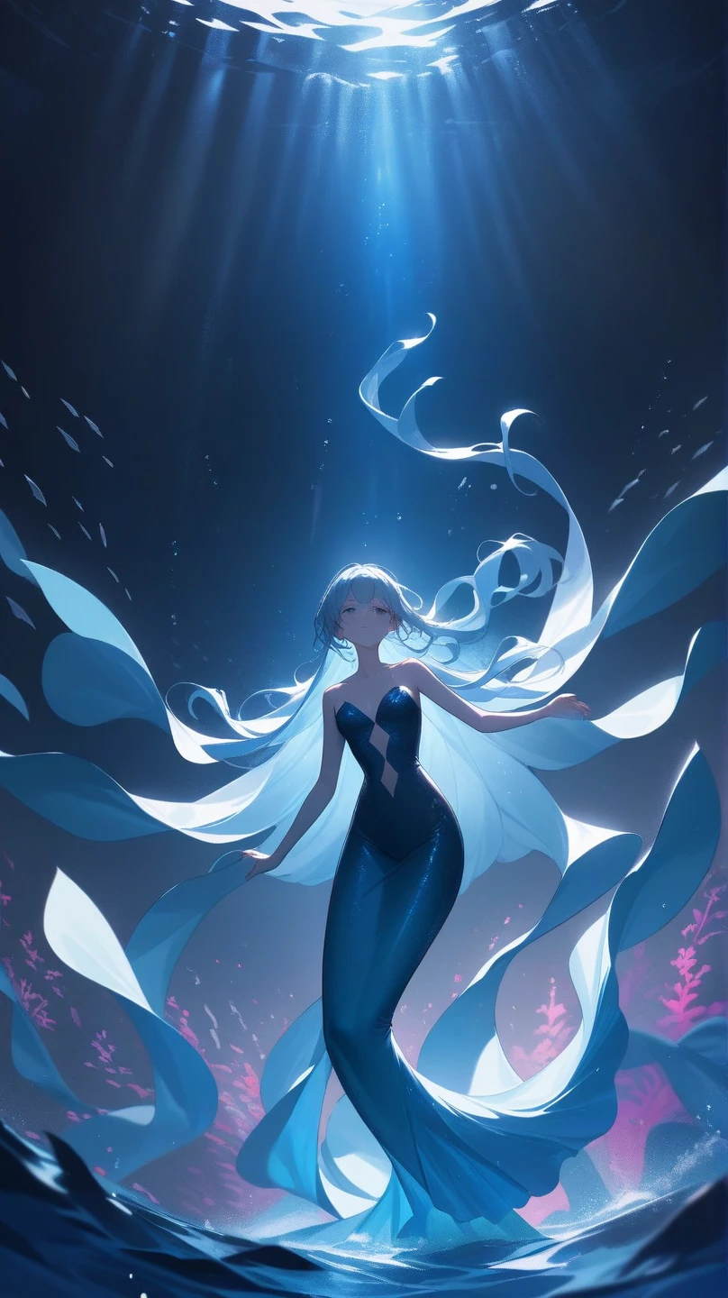 girl，white hair，She wears a long white dress，In the deep sea，Translucent body，Surrounded by many glowing jellyfish，whole body，dream，The sense of sacredness