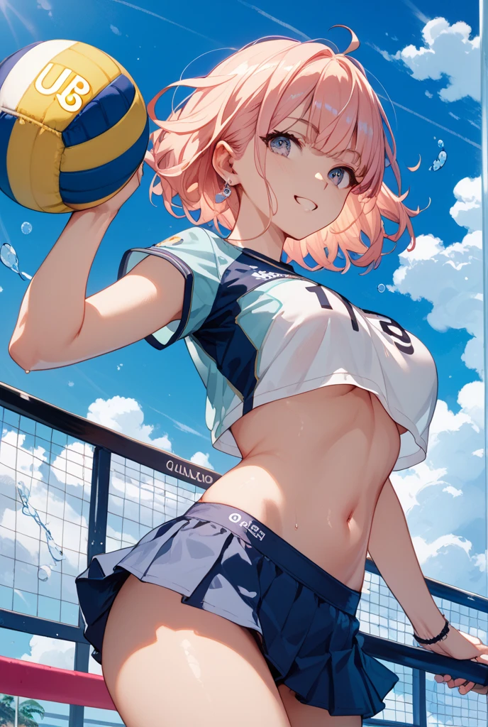 (masterpiece, 4k ,ultra detailed:1.2),(beautiful face:1.2),(anime:1.2),illustration,(solo:1.2),(looking at viewer:1.4),(supermodel:1.3),(volleyball athlete:1.4),(volleyball uniform:1.4),(bike shorts:1.4),(volleyball:1.5),(sweaty skin:1.3),(blue hair),(bangs pinned back:1.3),13yo,(very short hair:1.5),(blonde hair:1.3),(ponytail:1.3),(white panties),(string,abs,bouquet,child,small breasts,petite:1.1),(sfw,nipple,flat chest,dress,sports bra:1.5),(cinematic angle),(full body:1.2),(Camel toe:1.3),(volleyball field:1.5)
