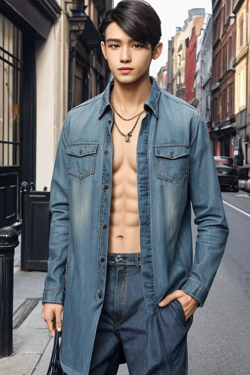menino bonito, garoto roqueiro, pale skin, corpo magro, very corpo magro, menino de cabelo preto, medium hair boy, Jaqueta aberta, jaqueta com fivelas, cinto com fivelas, Jeans rasgado, botas pretas