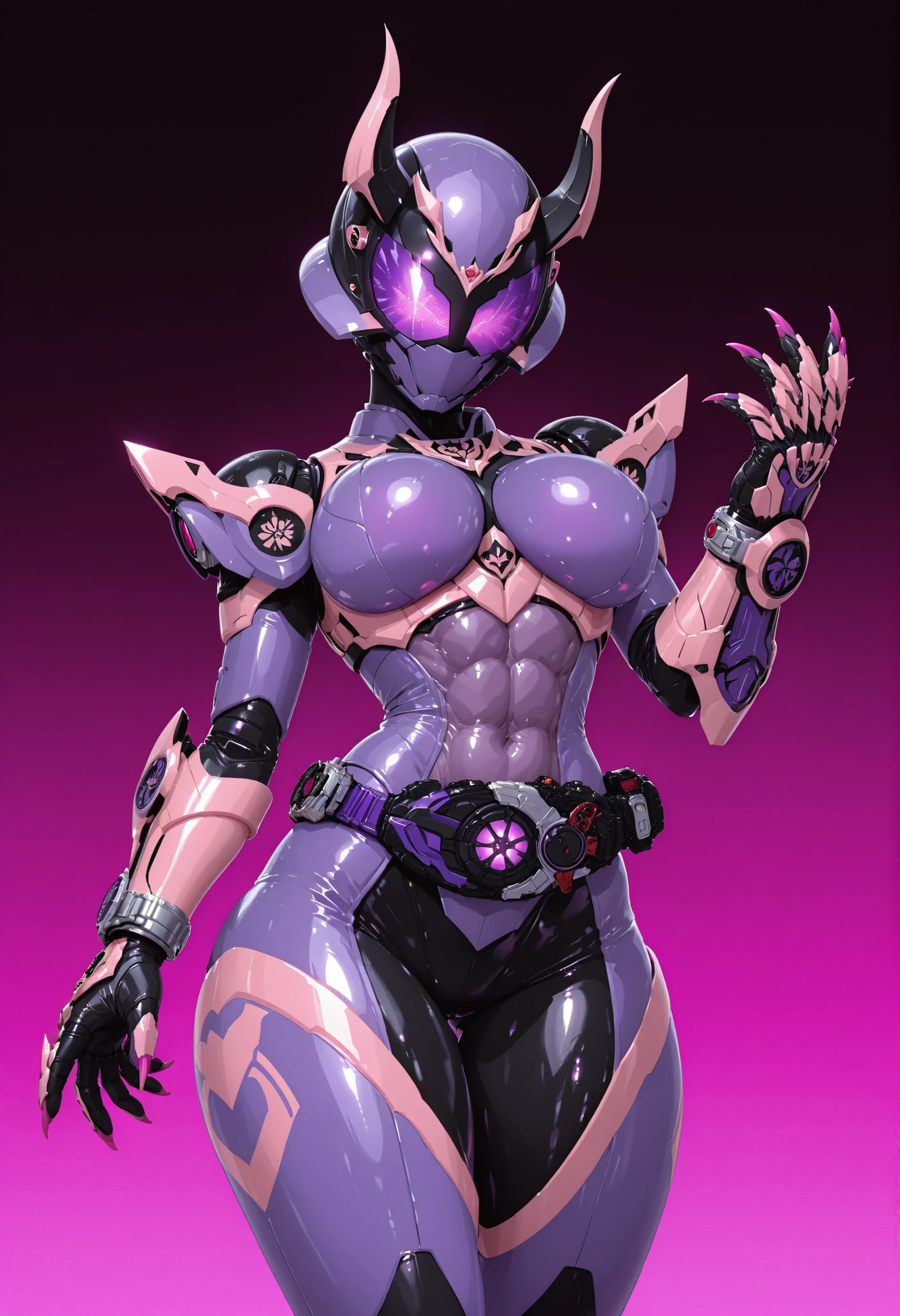Mechanical girl. Kamen Rider elements. Succubus motif. Biological machine. Black and purple image colors. Latex and metallic. Sci-fi helmet. Glowing visor helmet. Devil horns. Pert breasts. Abs. Curvy waist. Thighs. Sharp pink claws. Bladed gauntlet. Chains.