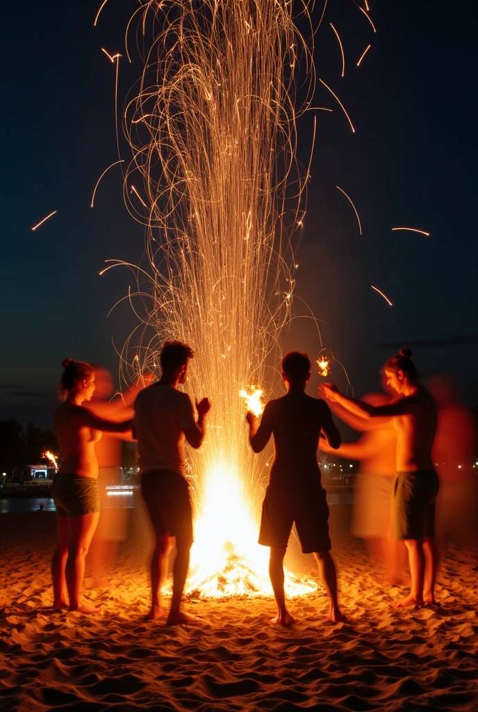 10 personnes a la plage en maillot de bain, scene de vie, ils regadent un feu de camps, nuit