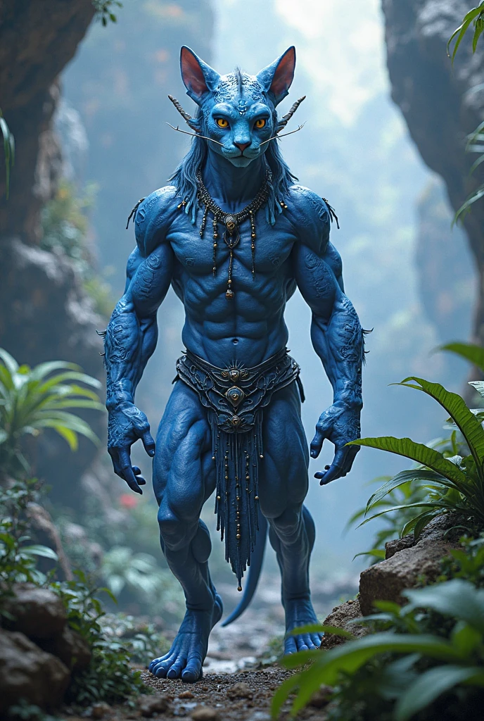 Na&#39;Vi Boy from Pandora, purples eyes, blue fur, mullet haircut, tall and hunting in the forest 