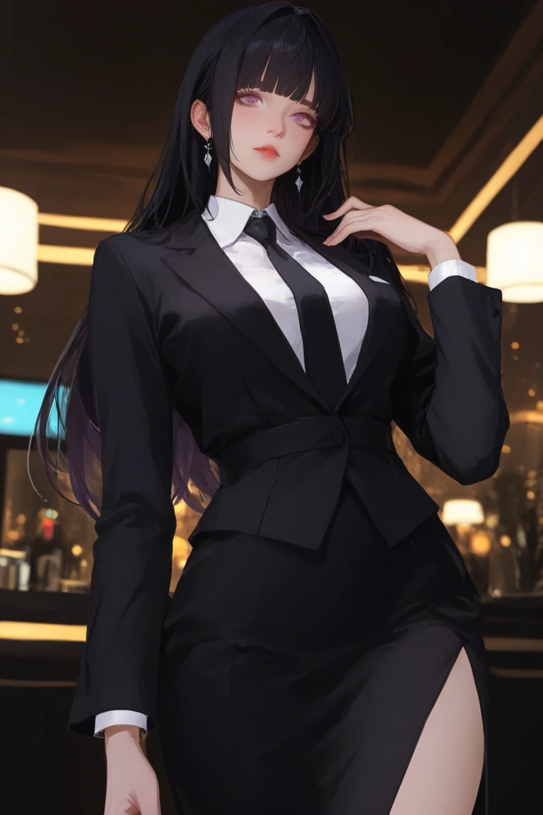 A beautiful busty office lady sister with long black hair and a pantsuit about 170 cm tall