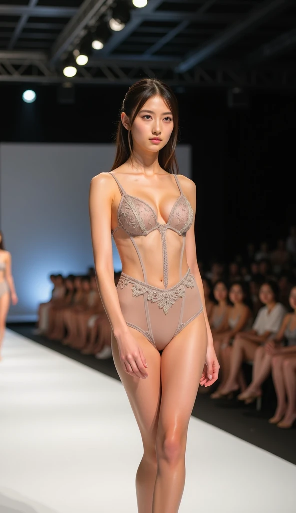A live-action photo of an extremely beautiful Japanese high school girl race queen who highlights her large breasts and beautiful legs.、Photographed walking down the runway at a fashion show wearing Agent Provocateur lingerie&#39;s new underwear、She is an eternal idol who combines a clean look with modern charm.。 She creates such beauty。 She feels her own warmth。 She creates a warm atmosphere。 We create beauty。 That&#39;s what I want to say。 In her full body photo、The figure features porcelain-like skin and golden hair that radiates a soft glow.。 This is probably、It captured the essence of her timeless charm.、This is the best shot ever.。 Each straight line and curve is carefully expressed.、Breathtakingly beautiful with impeccable detail。 This piece perfectly captures her timeless beauty.。 Divine Proportions、Sharp focus、Full-body photo taken by Kishin Shinoyama、high quality、High resolution、Detailed Background
