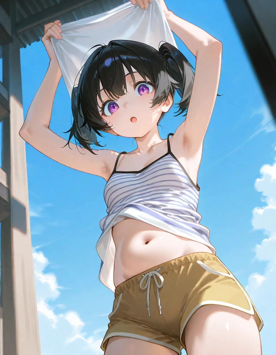 side tie panties,blush, full-face blush,masterpiece, highest quality, (anime screencap:1.3),(shape), cute,(simple:1), (anime:1.2),Solo Sharp Focus, 1 girl, cleavage,looking at the viewer, nighttime pools,Are standing,,(NSFW:1.2),bikini,pastel colour,beautiful hair,Horizontal stripes,heart shaped pupils,plaid pattern bra, plaid pattern panties,Tropicaljuice,