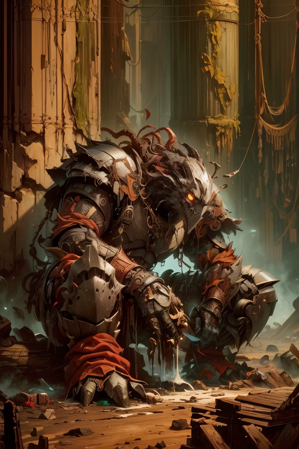 (Ultra-detailed face, Looking Away, Gothic Illustration, Dark Tone Colors. One thumb and four fingers.) , BREAK
(Fantasy illustration of Eberron in the magical and mechanical world of Dungeons & Dragons. Warforged are small creatures the size of humans, made of iron, obsidian, and dark wood to resemble human figures. It is made of supple thick plates connected by bundles of reddish-brown fibers that resemble muscle. The creature is heavily damaged in battle, its armor peeling and oil flowing, and it sits leaning against a crumbling wall while its companions repair the damaged parts.)