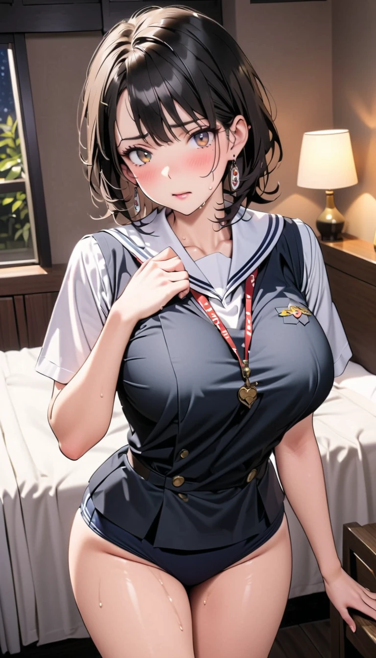 Perfect beauty、high school girl、Black Hair、Big breasted body type、Sailor-style 、Short pleated skirt、bedroom