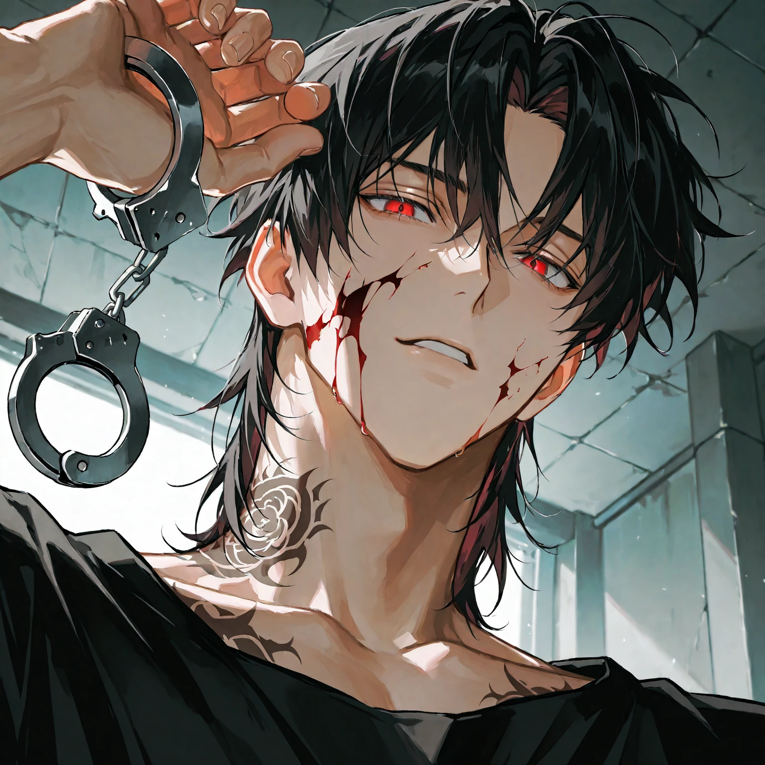 1 guy, blue eyes, black hair, wears glasses, a lot of scars on his face, long hair disheveled, male build, looks at the viewer, cigarette in his mouth, angry face, rage, smoke, dressed in a black T-shirt, chains on his hands, black pants, black background, blood on clothes, blood on cheek, shaded face, detailed, beautiful, delicate tones