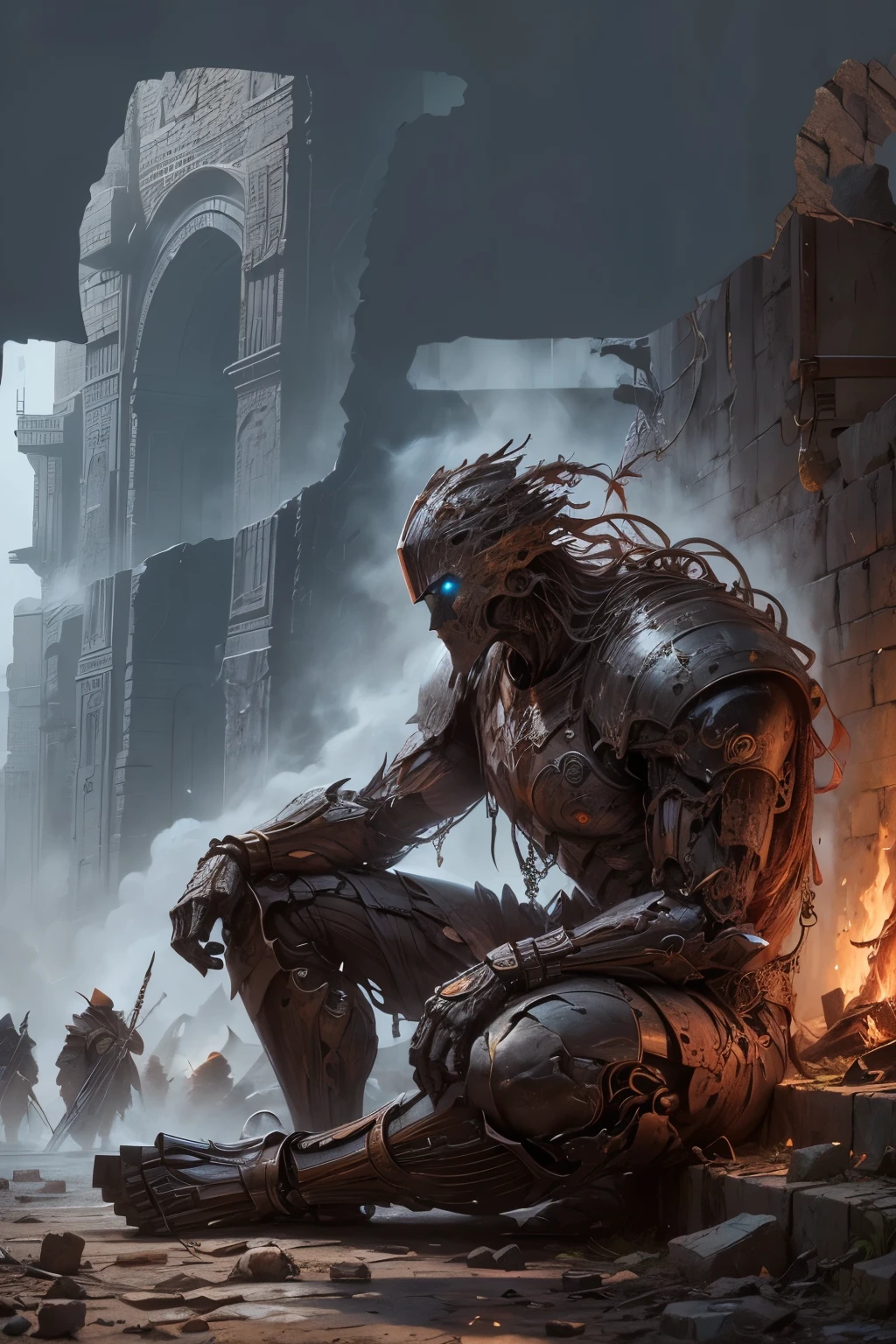 (Ultra-detailed face, Looking Away, Gothic Illustration, Dark Tone Colors. One thumb and four fingers.) , BREAK
(Fantasy illustration of Eberron in the magical and mechanical world of Dungeons & Dragons. Warforged are small creatures the size of humans, made of iron, obsidian, and dark wood to resemble human figures. It is made of supple thick plates connected by bundles of reddish-brown fibers that resemble muscle. The creature is heavily damaged in battle, its armor peeling and oil flowing, and it sits leaning against a crumbling wall while its companions repair the damaged parts.)