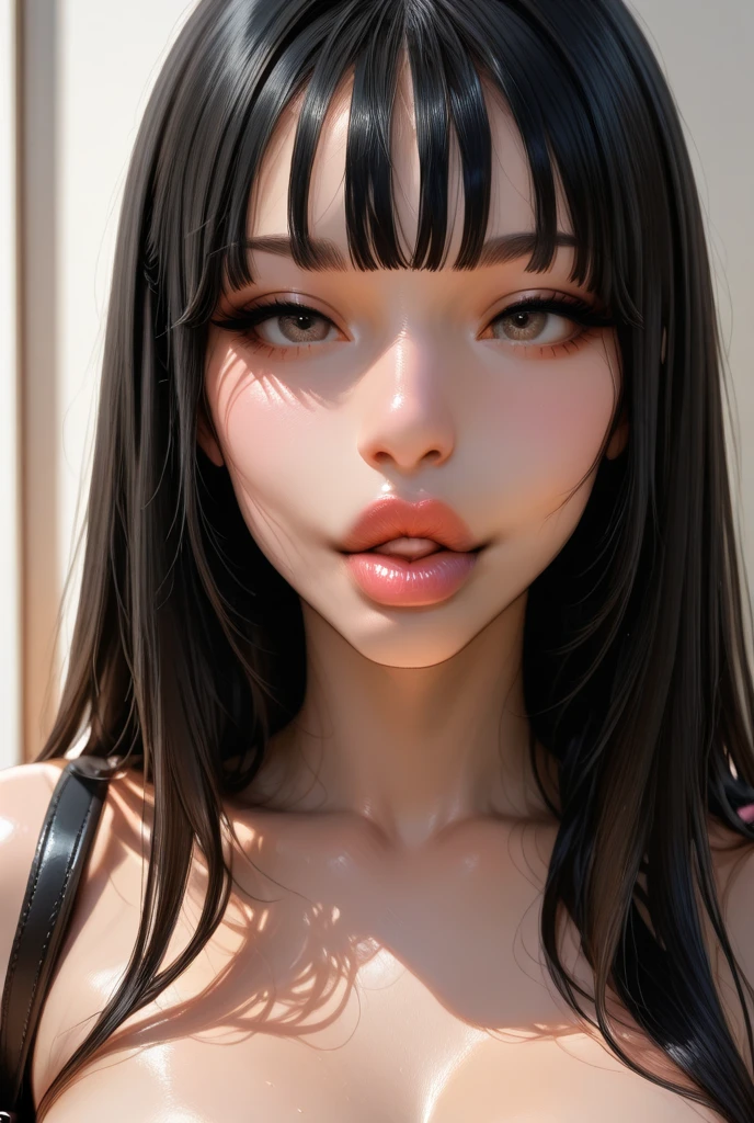 ultra high res, masterpiece, best quality, perfect glossy shiny skins, perfect lighting, detailed lighting, dramatic shadows, ray tracing, black sweater, looking at viewer, Big breasts, Exposed cleavage,, nsfw, ((Dark background)), Sexy face, Facial expressions when receiving pleasure, open mouse, straight Bangs,
