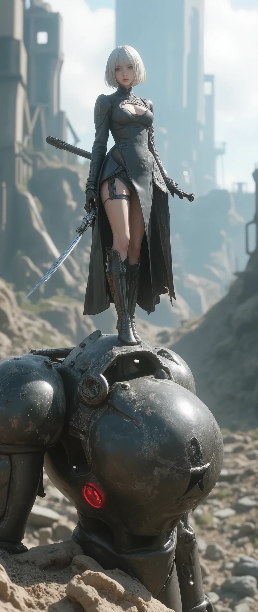 Fantasy art, Japanese anime, YoRHa 2B, YoRHa 2B standing on a destroyed and abandoned mechanical soldier