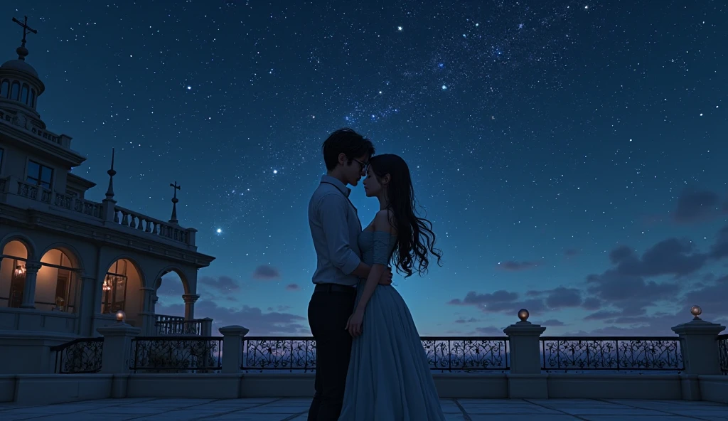 Starry Night Back view, Ultra Wide Angle, Sparkle Effect, Highest quality, Male and female couple