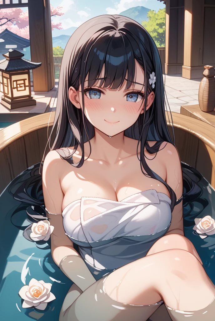 (8K、Raw photography、top-quality、masterpiece:1.2)、Illustration Touch、ultra-detailliert、超A high resolution、1 girl in、Side view、dark brown hair、azure eyes、bath、steam、fullnude、((No clothes))、((((No underwear))))、(((no brassiere)))