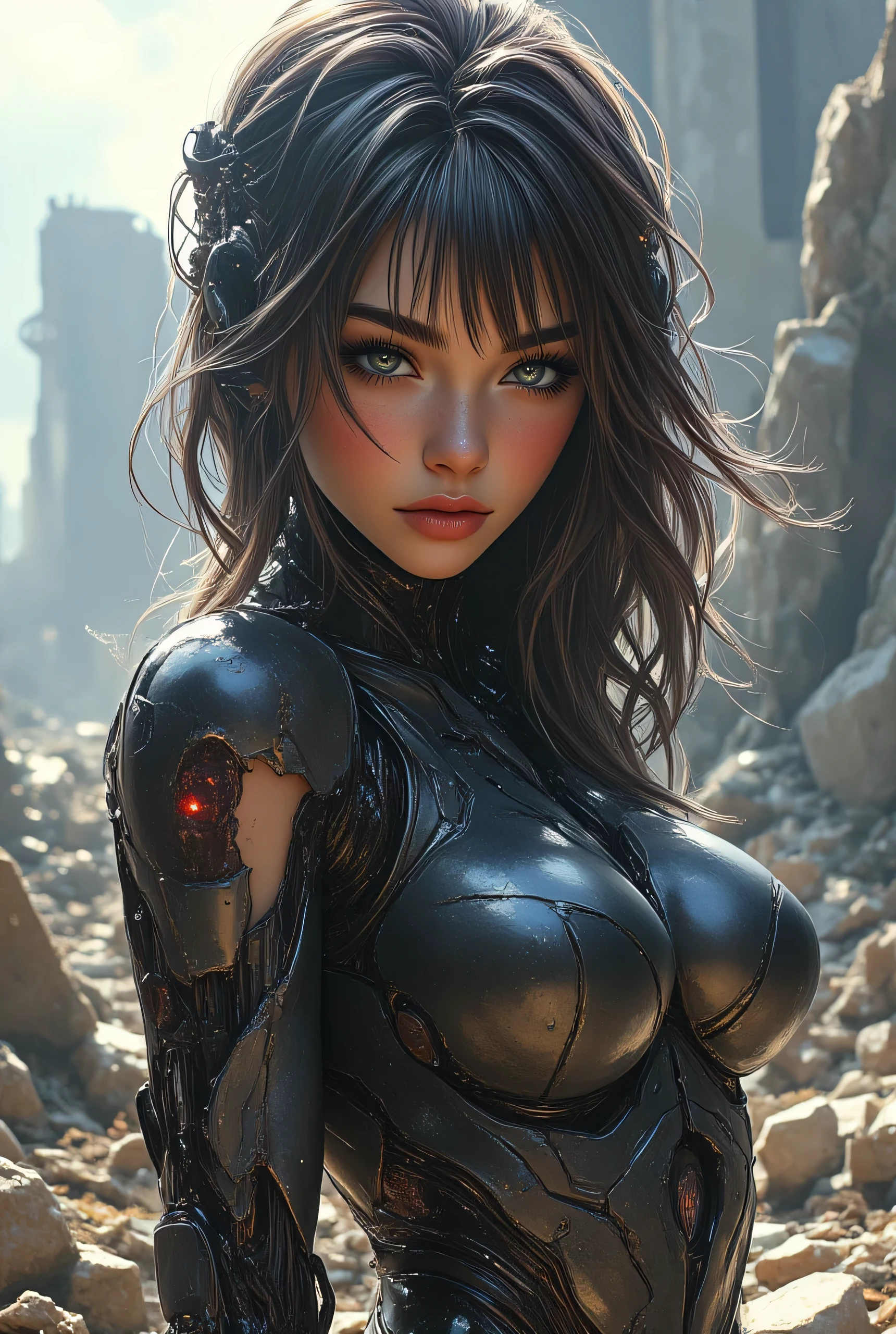Score_9, score_8_up, score_7_up, ((highest quality)), ((masterpiece)), (be familiar with), Perfect Face, (High definition), (Best Shadow), 8k, cinematic, (Realistic:1.4),dramatic. Comic sex art. A cyber-girl ((half human, half robot 1:1.4)), partially damaged((missing right arm1:1.3)) after a battle. The background shows the ruins of a city after the apocalypse.